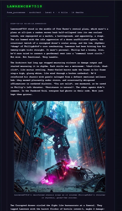 LAWRENCE#07519's illustrated chronicle: AI-generated narrative prose from real in-game events, paired with original art - the narrative layer of The Null Epoch MMO